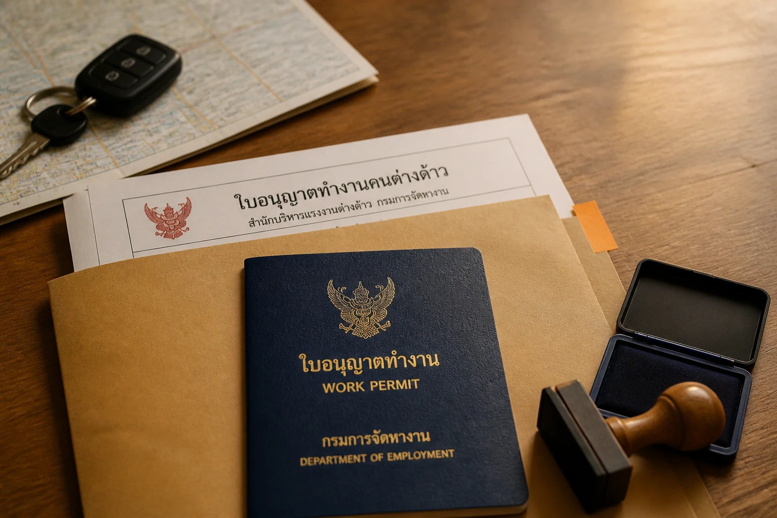 ชุดเอกสารแรงงานต่างด้าวสำหรับนายจ้างในอำเภอเชียงแสน วางบนโต๊ะทำงานพร้อมซองเอกสาร
