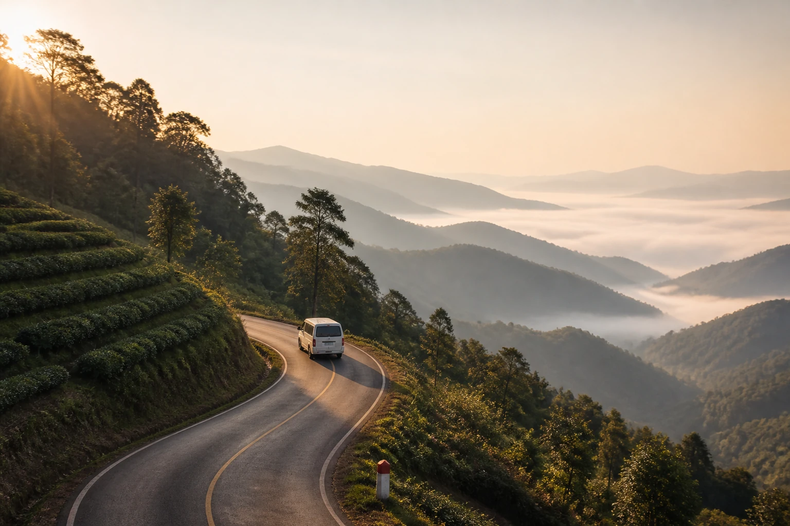 ถนนบนดอยในอำเภอแม่ฟ้าหลวง เส้นทางที่นายจ้างต้องใช้เดินทางลงไปทำเอกสารแรงงานต่างด้าวในตัวจังหวัดเชียงราย
